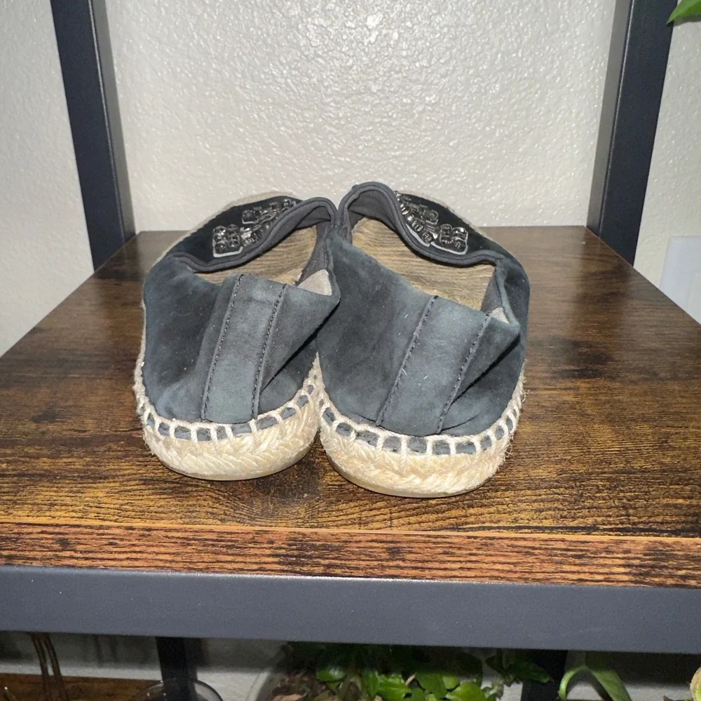 Tory Burch Black Suede Crystal Logo Espadrille Flats‎ Womens 6.5M 12423 923